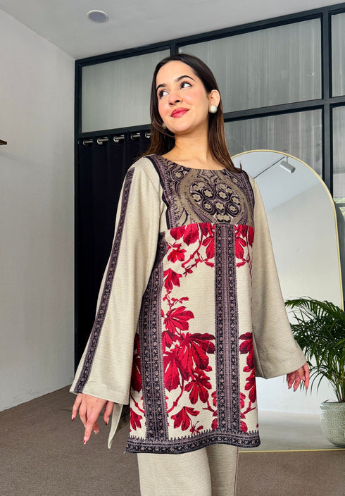 Noor Red Beige Winter Floral Kurta Set